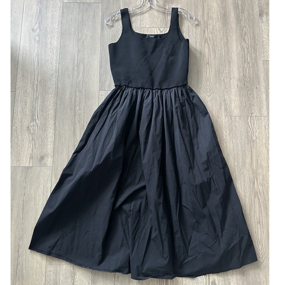 Theory Black Midi Dress Sz L Square Neck Cotton Blend Pleated Skirt $475 Retail